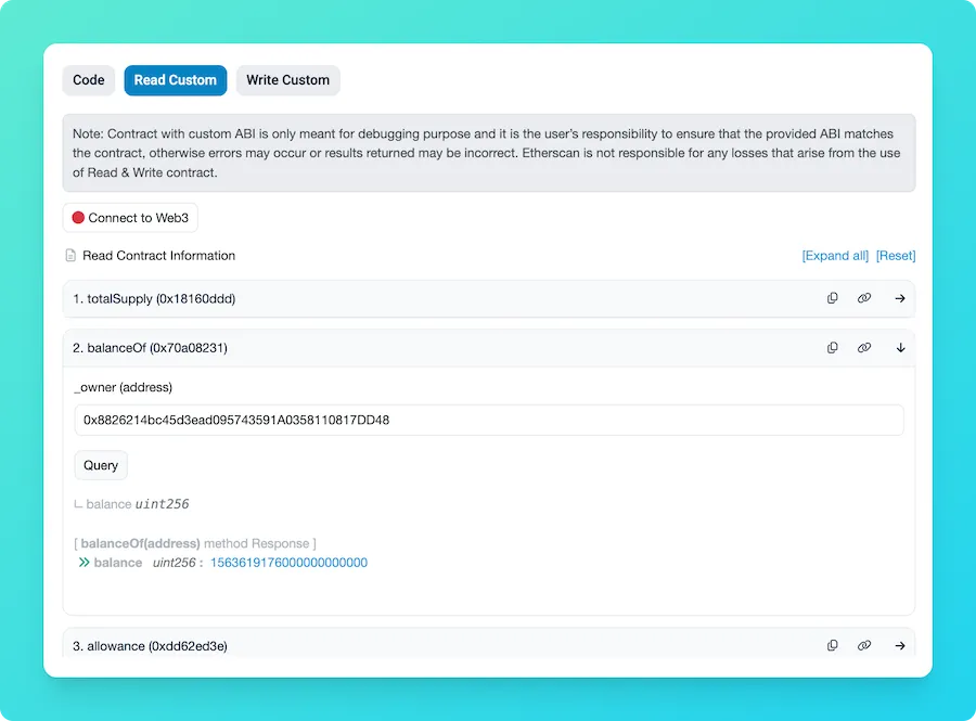 Etherscan Read Custom showing balanceOf for OLD_MKR